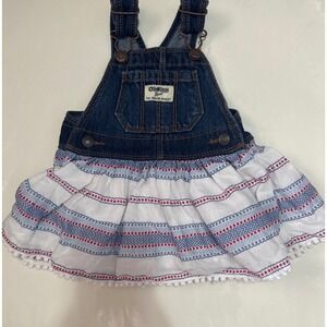 OshKosh Bgosh Denim Overalls Dress 3-6M Blue Red White Striped Pom Pom Trim